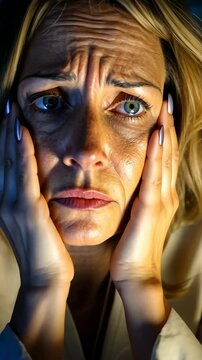 Emotional moment captured with a woman showing distress in a dimly lit room during evening hours