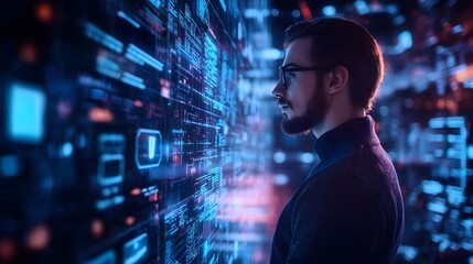 Data Explorer: A focused individual, immersed in a futuristic digital landscape, contemplates the intricate patterns and data streams that pulse around them. It speaks of innovation.