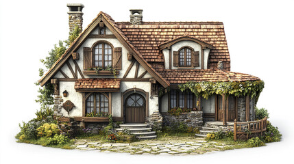 Charming cottage with rustic design and lush greenery on white background