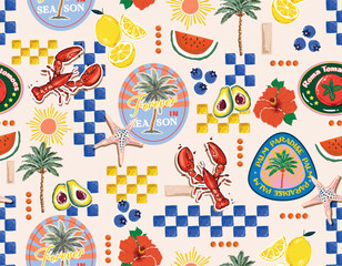 Trendy  seamless Summer Tropical Bliss Vacation Seamless pattern. Summer fruit, badges , Sticker