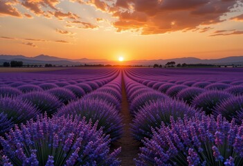 Obraz premium Lavender fields bloom at sunset with vibrant colors in the sky