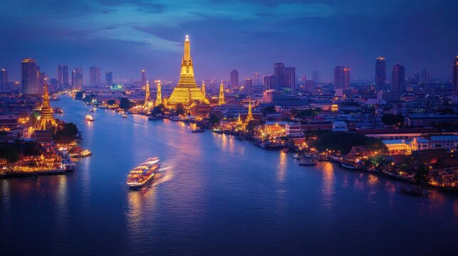 River cruise through bangkok's illuminated temples at dusk thailand landscape photography urban environment scenic view