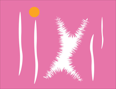 schizzo stilizzato di pseudo figura con braccia alzate su sfondo fucsia con elementi filiformi