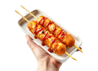 Corn dogs on sticks with cheese sauce, isolated on white transparent background. Concept of fast food.