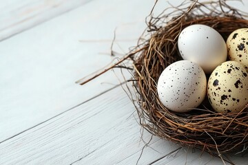 Easter background with eggs and quail eggs in a nest on a white wooden table, space for text