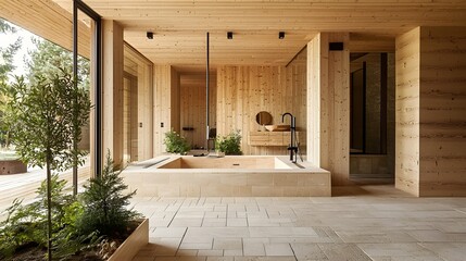 37. A carefully designed tile pattern of natural light pine wood, preserving the raw organic charm.