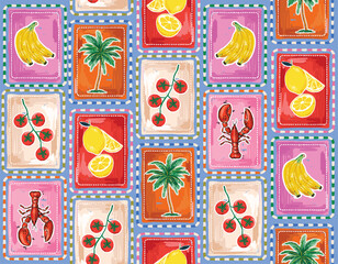 Trendy  seamless Summer Tropical Bliss Vacation Seamless pattern. Summer fruit, badges , Sticker , Lemon , Lobster, Palm trees  ,banana, Tomatoes beach vector Vibrant , Design for fashion , fabric