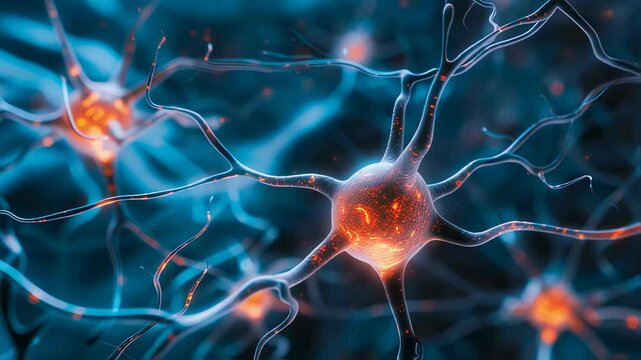 Neurons transmit electrical impulses across synapse in human brain cell network. Memory, learning and mental activity