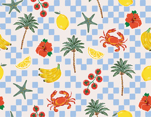 Trendy  seamless Summer Tropical Bliss Vacation Seamless pattern. Summer fruit, badges , Sticker