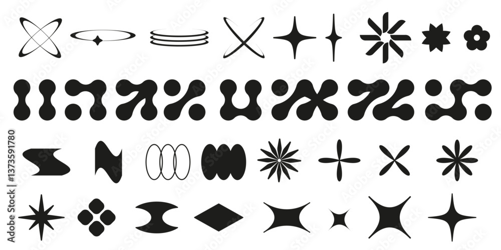 Poster y2k style geometric shape and symbol collection - black silhouette vector set of stars and flowers, 