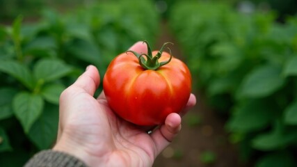 Hand holding ripe tomato on farm with green plants in background during harvest