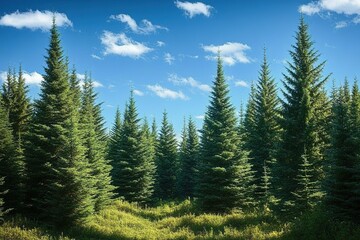 Behold magnificence of a luxuriant spruce forest, its verdant canopy reaching towards heavens, framed by a resplendent azure sky, and evoking a profound communion with awe-inspiring splendor of natura