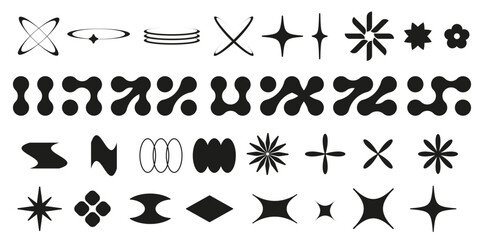 Fototapeta premium Y2k style geometric shape and symbol collection - black silhouette vector set of stars and flowers, ovals and blobs, abstract forms and metaballs. 2000s design elements for retro futuristic creation.