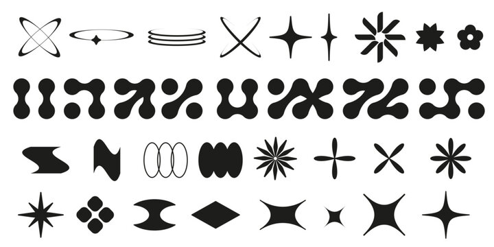 Y2k style geometric shape and symbol collection - black silhouette vector set of stars and flowers, ovals and blobs, abstract forms and metaballs. 2000s design elements for retro futuristic creation.