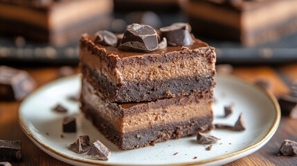 Decadent chocolate brownie, rich and fudgy, sits on a clean white plate. A sweet, irresistible treat