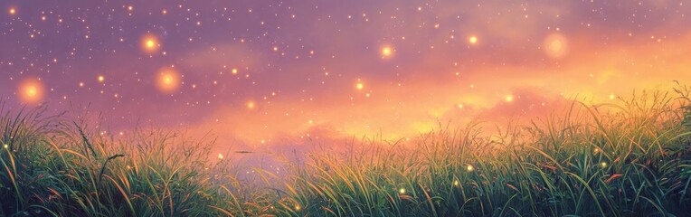 Obraz premium Whimsical twilight with shimmering grass and stars illuminating the serene landscape