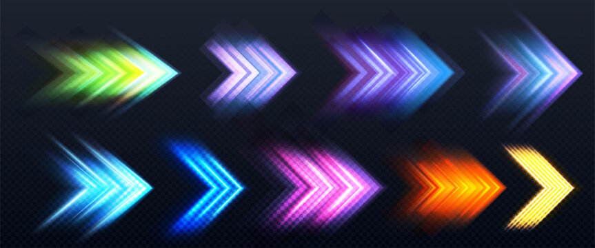 Glowing arrow shapes set - colorful neon pointers with light trails, speed lines. Bright gradient direction symbols, electric illuminated badges for futuristic interface, motion design boost elements.