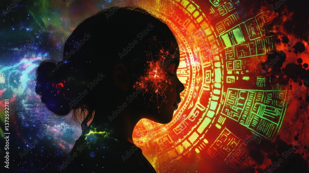 Aufkleber child glowing with vibrant energy against a mystical backdrop of colors and patterns