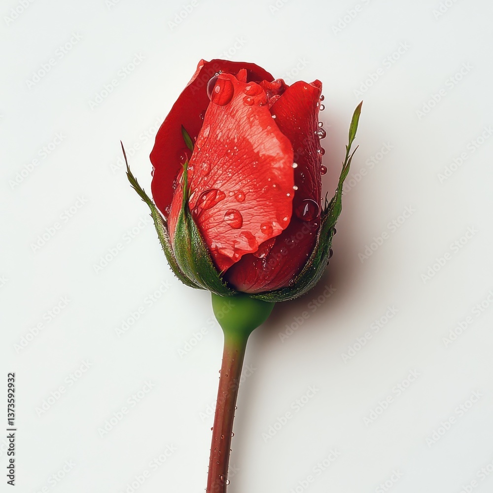 Poster vibrant red rosebud with dewdrops lying flat on a smooth surface