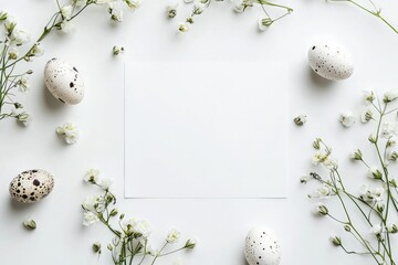 Flat lay, top-view, copy space, empty, blank mockup a white paper sheet with quail eggs and spring flowers arranged around it on a pure white background