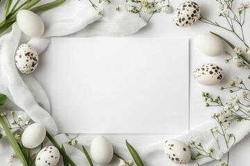 Flat lay, top-view, copy space, empty, blank mockup a white paper sheet with quail eggs and spring flowers arranged around it on a pure white background