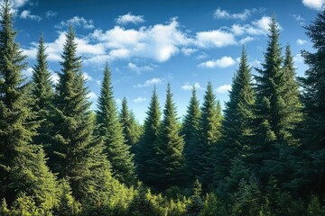 Behold magnificence of a luxuriant spruce forest, its verdant canopy reaching towards heavens, framed by a resplendent azure sky, and evoking a profound communion with awe-inspiring splendor of natura