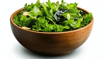 A Delicious Wooden Bowl Filled with Vibrant Green Salad Containing Leafy Greens, Seaweed, and Slivered Almonds on a Clean White Background