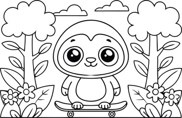 Outlined Sloth on Skateboard in Forest with Flowers,Trees,Clouds Art