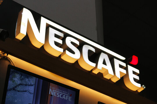 Nescafe lettering appears above a point of sale at New Delhi Airport, India, March 22, 2025.