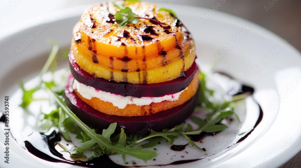 Poster unique beet and orange salad layered with creamy cheese and drizzled with balsamic reduction for a r