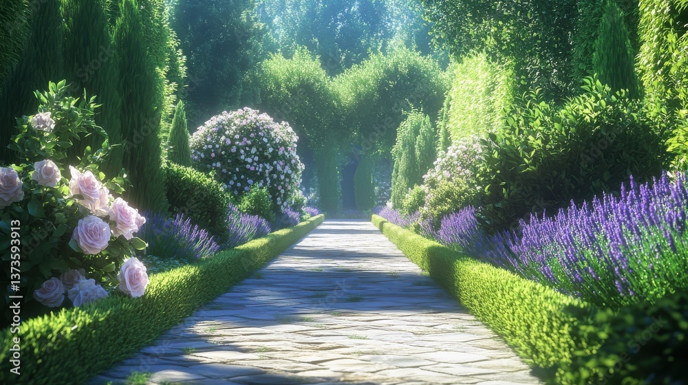 Poster tranquil garden pathway lined with blooming flowers and lush greenery in serene setting