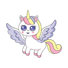 Cute Cartoon Unicorn Pegasus with Wings in Flight colorful