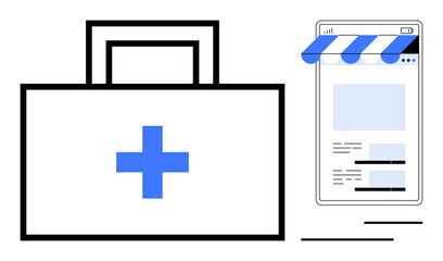 Obraz premium Medical kit with blue cross next to browser window storefront. Ideal for telemedicine, online pharmacy, healthcare, e-commerce, innovation, technology, medical business flat simple metaphor