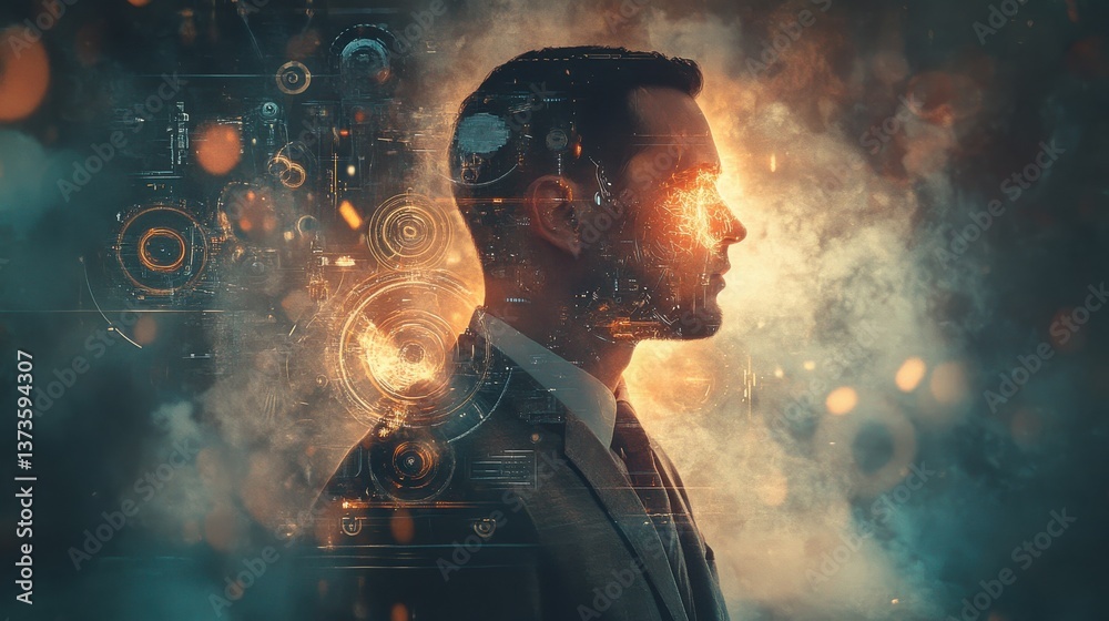 Poster Surreal portrayal of a man glowing with abstract concepts and luminous patterns in a dreamlike atmosphere