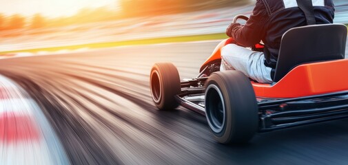 A dynamic image of a go-kart racing on a track, showcasing speed and motion with a blurred background.