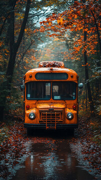 yellow bus in the forest