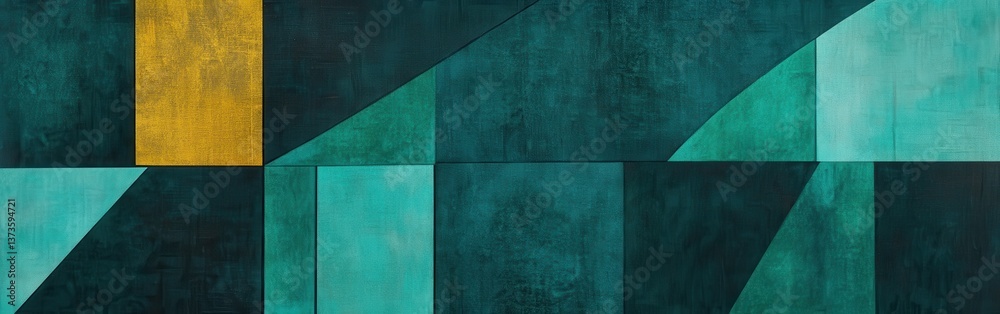 Poster striking geometric pattern with dark teal hues and a touch of yellow in contemporary design