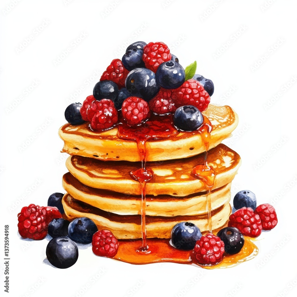 Poster Stack of colorful pancakes topped with syrup and fresh berries on a bright background