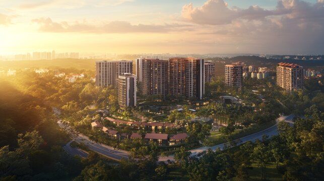 genrate a image of drone shot of new singapore arial view 2024s cenimatic lihts come from cloudes , should be front short and taken from approx 600 meters top from the land, showing luxury in it, mm35