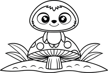 Cute Sloth Mushroom, Cartoon Character, Outline Design with Transparent Background