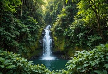 Obraz premium Majestic waterfall surrounded by lush greenery in a tropical forest