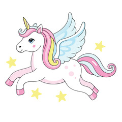 A cute unicorn with wings flying through the stars, a magical fairytale illustration