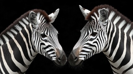 Fototapeta premium Two Zebras Face to Face Close Up Black Background Wildlife African Animals Stripes