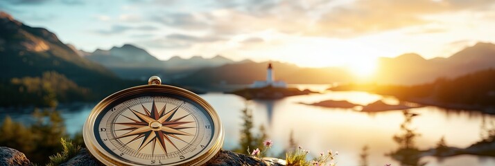 Golden compass guiding navigation by a tranquil lake at sunset with mountains and lighthouse