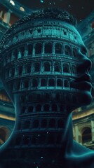 Portrait of a man with a glowing face and ancient architecture illuminated in a mystical setting at twilight