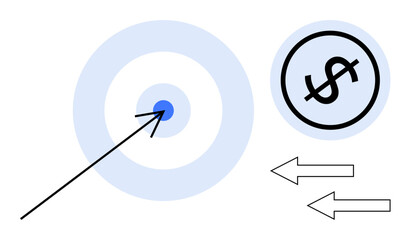 Arrow reaching the center of a target, dollar sign in a circle, and two arrows pointing left. Ideal for finance, goal setting, success, strategy, planning motivation direction. Flat simple metaphor