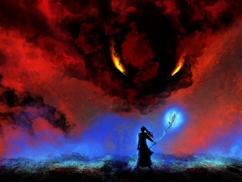 Battle between the demon lord and the human warrior. Fantasy illustration drawn with a tablet, suitable for background or wallpaper.