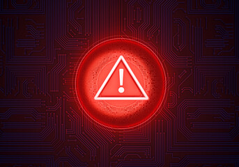Warning Sign of digital risk: A luminous red warning sign in the shape of a circle with an...