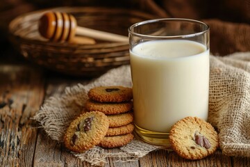 A glass of milk on the table with cookies, close-up, natural lighting, wooden background