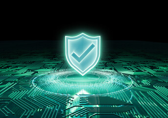 Cybersecurity Shield: A digital shield with a checkmark floats above a complex circuit board,...